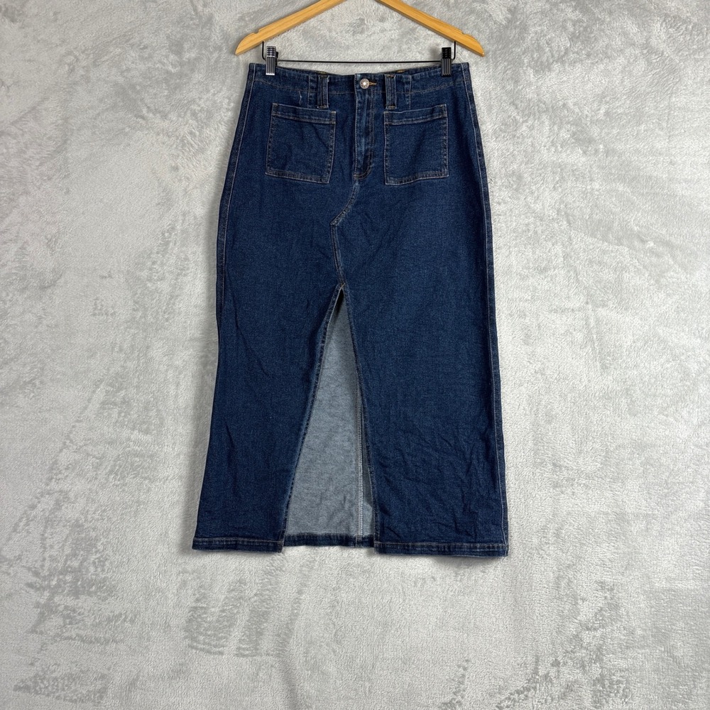 RG Kane Womens Dark Wash Denim Midi Skirt High Waist Front Slit Size 31 3G10523